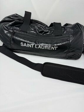 Saint Laurent Black Glossy Duffel Bag with White Logo